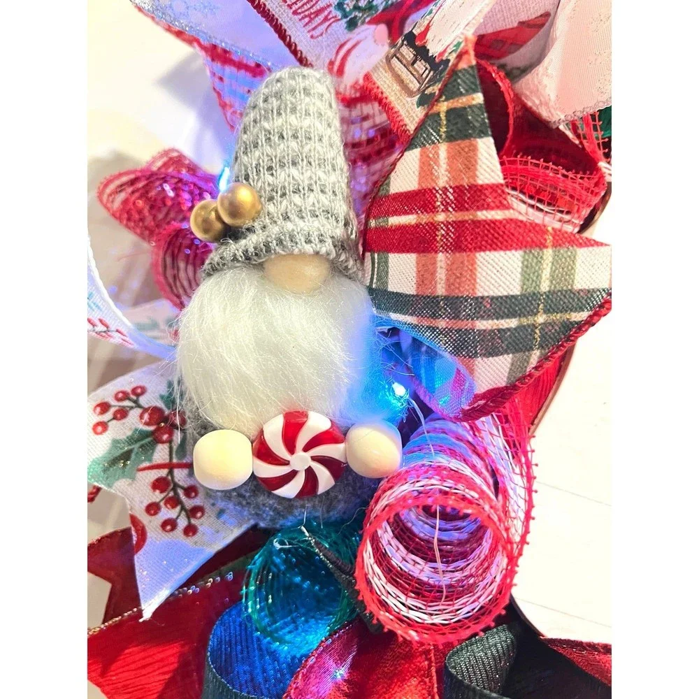 Handmade Christmas Gnome for the Holidays Ribbon Door Wreath 22 ins LED W37